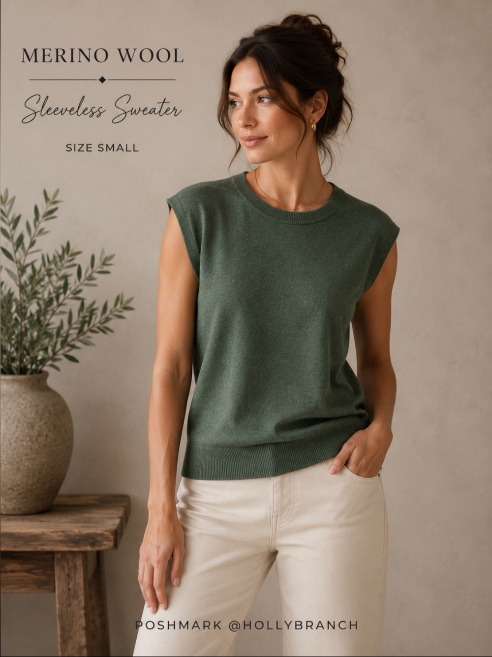 Green Sleeveless merino Wool Sweater size Small